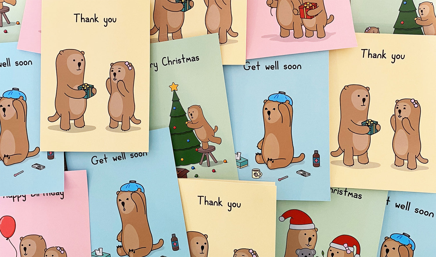 A collage of greeting cards showing Get well soon, Thank you, Merry Christmas and Happy Birthday cards.