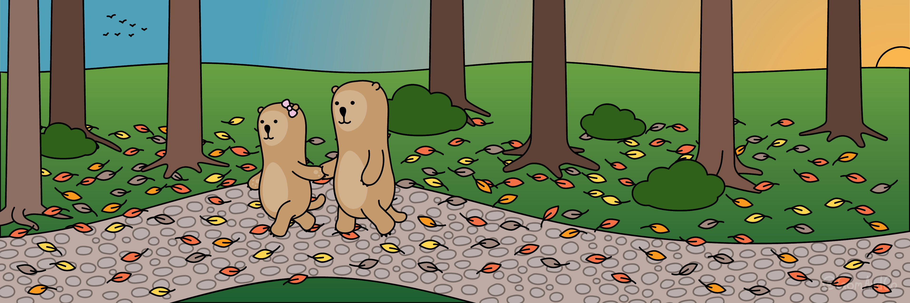 Two otters holding hands are walking through a forest during Autumn. Multi-coloured leaves are on the ground.