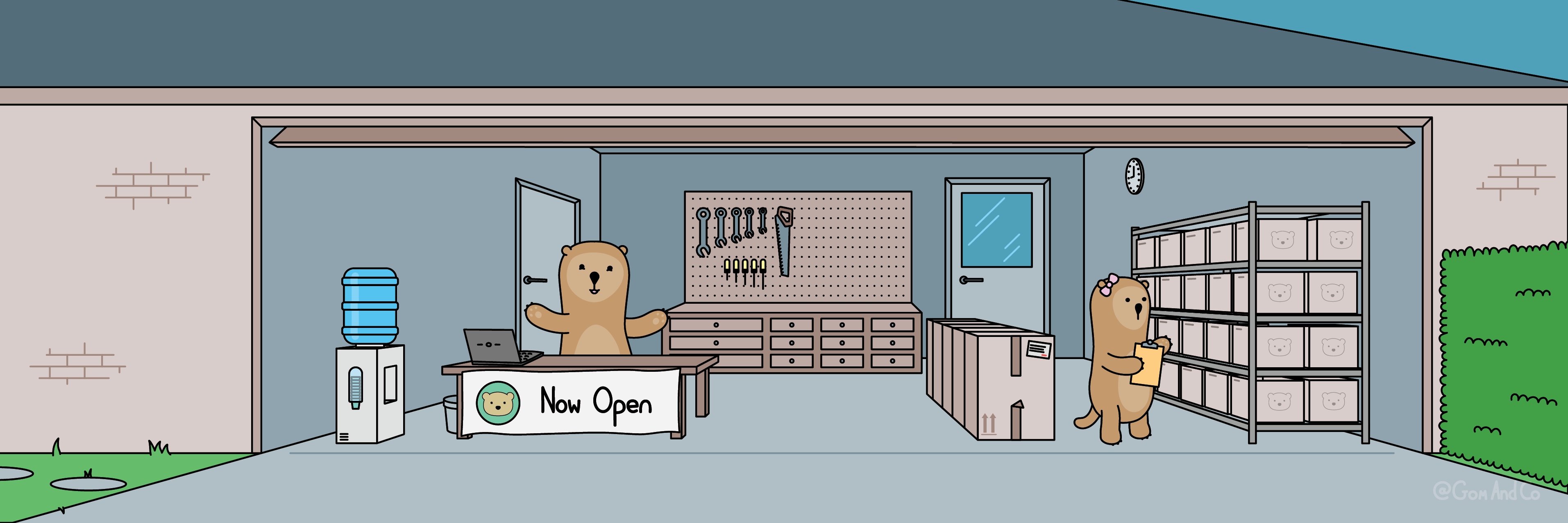 The big otter is sitting at a desk in a garage with a banner that says the store ins now open. The small otter is on the other side with a clipboard taking count of inventory.